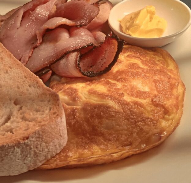 Breakfast at Blanchies - toast, ham, eggs, and butter
